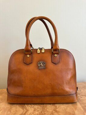 Pratesi Whiskey Brown Leather Dome Satchel Structured Handbag Italy